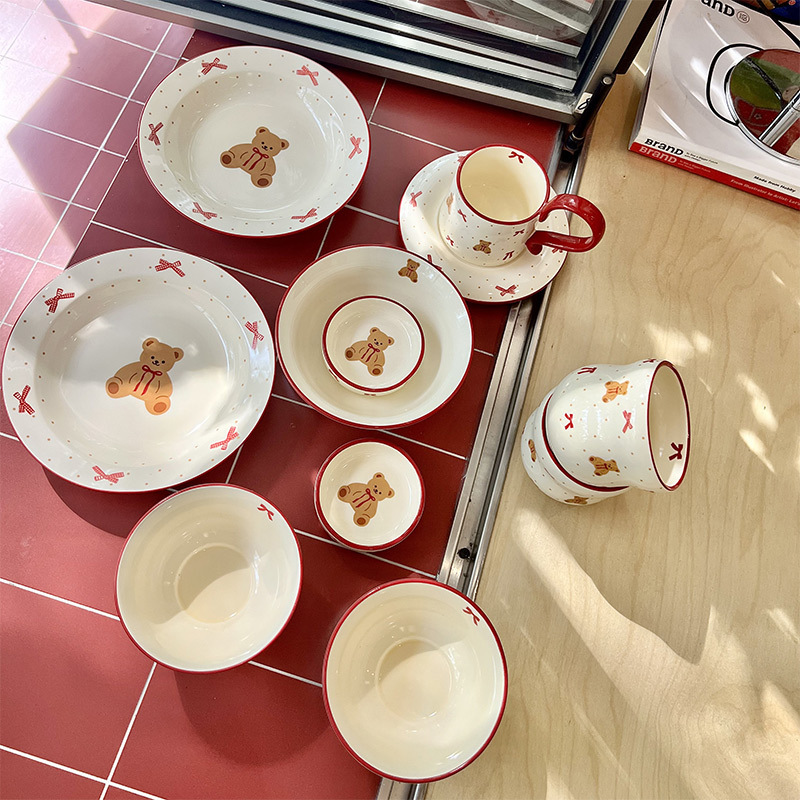 Ins Cartoon Bear Bow Dishware Set Household Bowl Plate Combination Housewarming Gift Tableware Wholesale