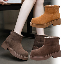 牛皮雪地靴女厚底防滑防水短靴冬季皮毛一体保暖毛毛棉鞋松糕增高