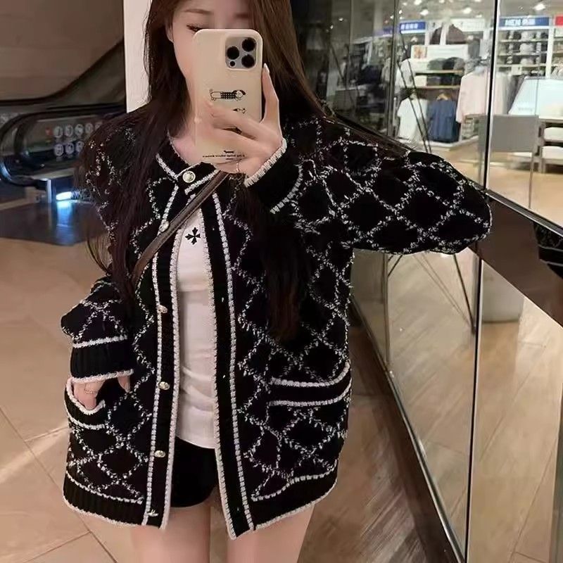 感超好看针织开衫外套女秋冬季风设计感撞色菱格长袖毛衣|undefined