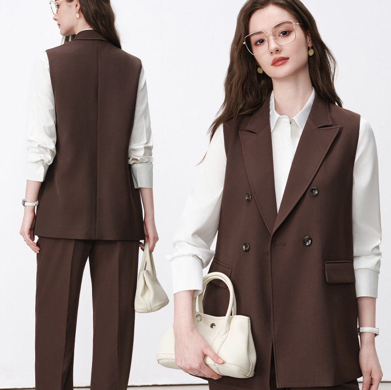 Elegant back-slit blazer vest for women, loose sleeveless jacket with double-breasted buttons, casual workplace long pants and vest set