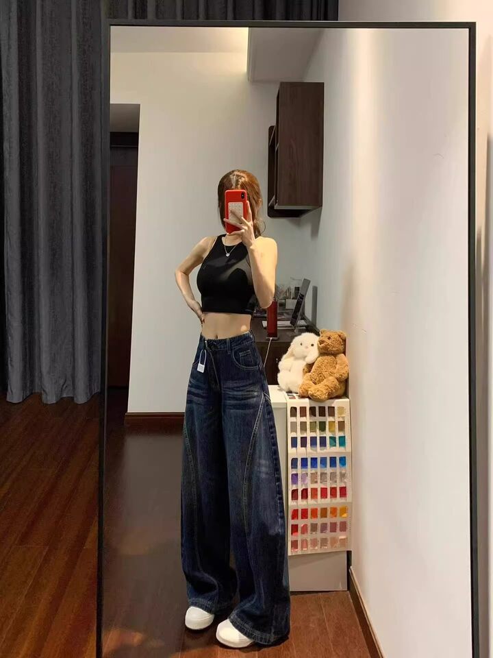 Quần jeans nữ ống cong cạp cao dáng rộng phong cách retro, quần dài có lót lông — Quần đơn màu xanh đậm chi tiết 9