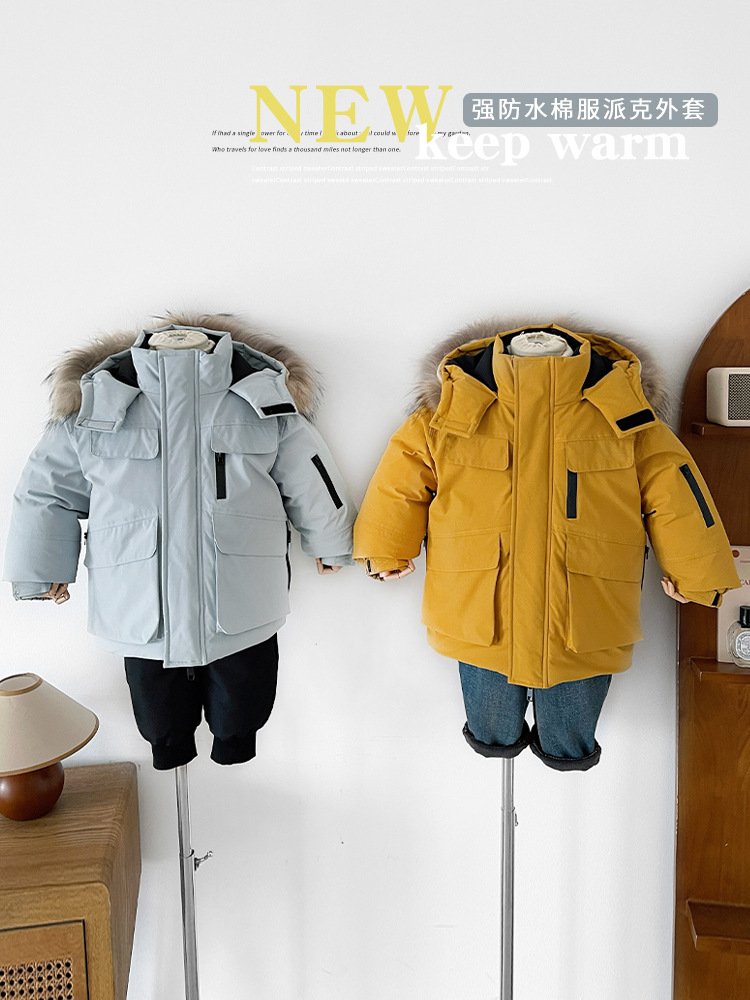 Wind Valley 2025 invierno nueva ropa infantil para niños estilo coreano cuello con capuchón ropa de algodón para niños y niñas abrigo parquet