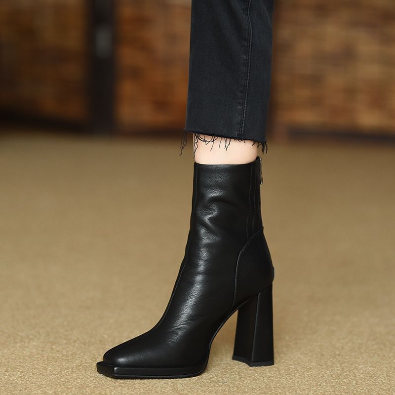 Genuine Leather Square Toe High Heel Short Boots for Women Thick Heel Versatile Mid-Calf 2025 Autumn and Winter New High Heels Black Women's Boots