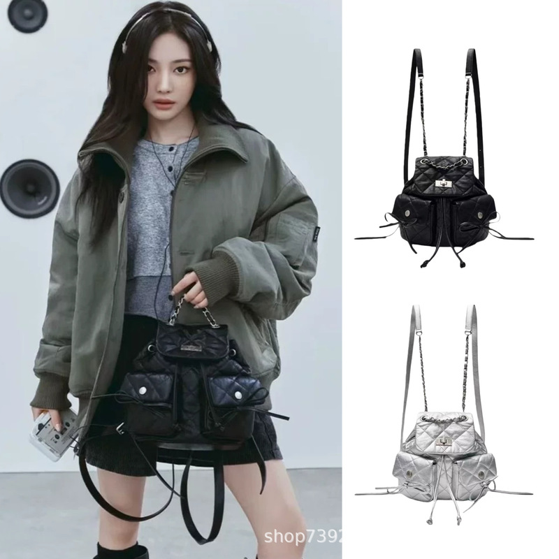 Korean Niche Brand Mk New Model Ning Yizhuo Same Style Backpack with Diamond Pattern, Bow, Chain, Drawstring, and Multiple Pockets