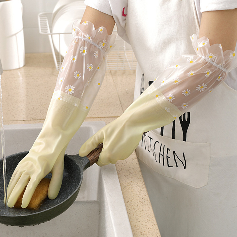 薄款果冻色厨房清洁手套塑胶束口长款手套洗碗洗衣服防水乳胶手套