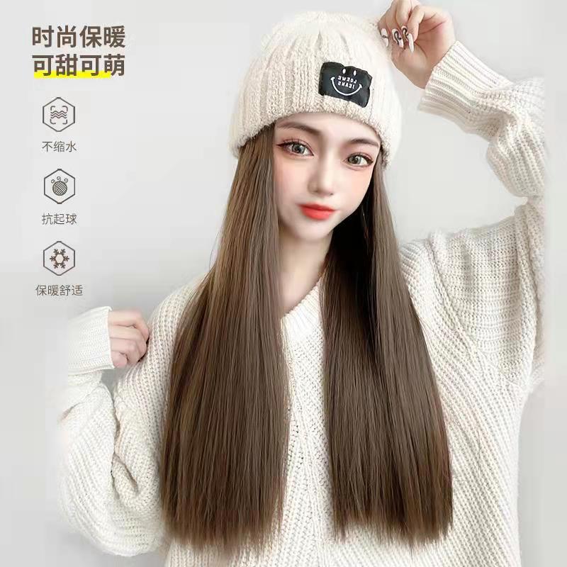 Peluca de las mujeres Peluca de pelo largo sombrero integrado Red de moda rojo Otoño e Invierno sombrero de punto largo cabello recto natural cubierta de la cabeza completa