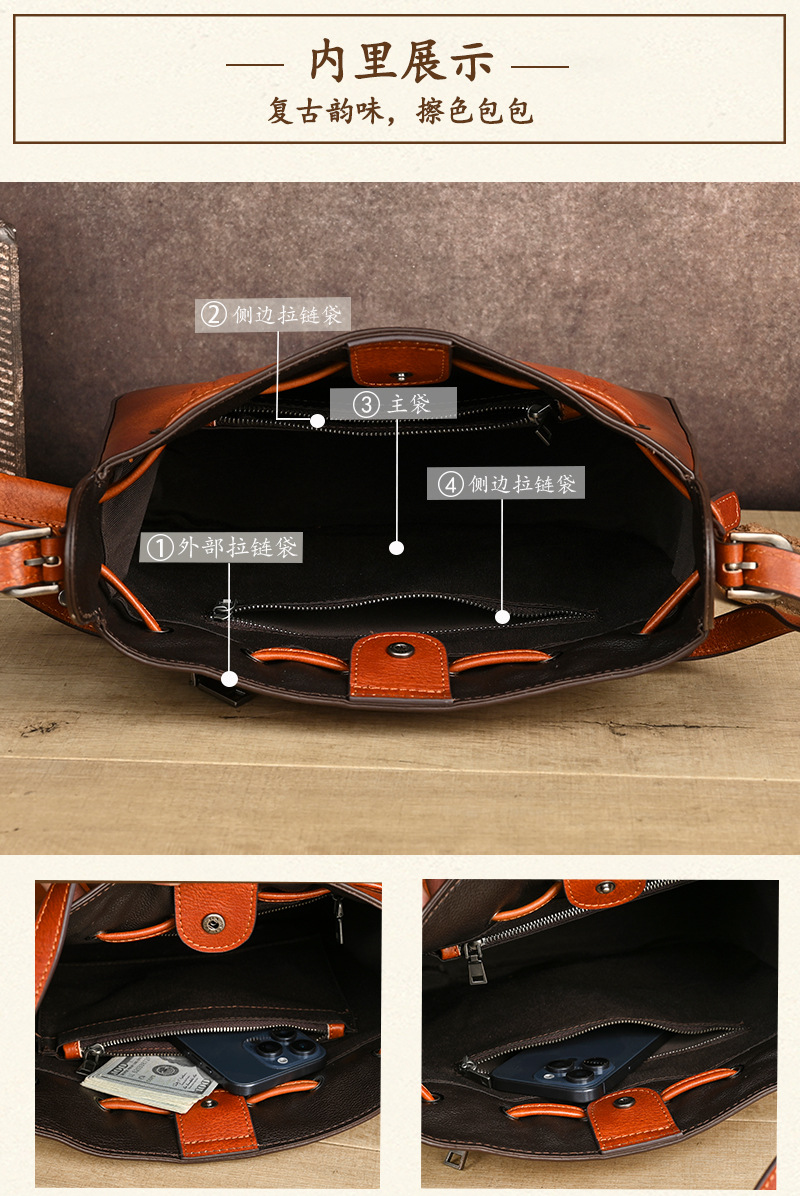 Túi tote da bò cổ điển phong cách vintage, đáy rộng, dung tích lớn, quai đeo vai — Màu xanh lá cây chi tiết 11