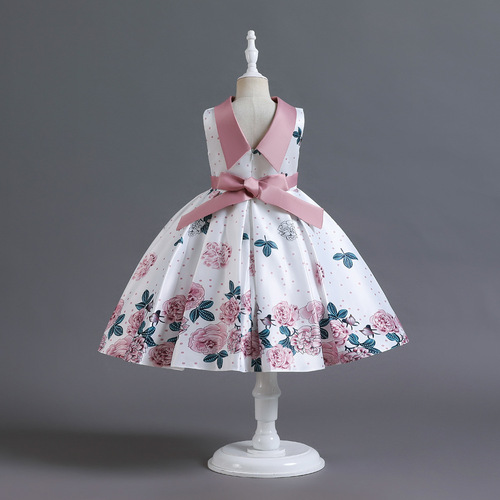 Cross-border new girls' dress with floral satin princess skirt, elegant birthday piano performance costume