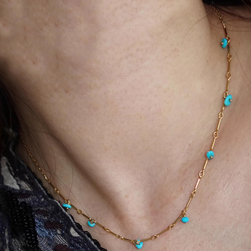 14K Gold Elegant Handmade Blue Turquoise Clavicle Chain 14K Gold Injection Necklace Men's and Women's Personalized Versatile Trendyy Accessories 14K Gold Elegant Handmade Blue Turquoise Clavicle Chain 14K Gold Injection Necklace Men's and Women's Personalized Versatile Trendyy Accessories