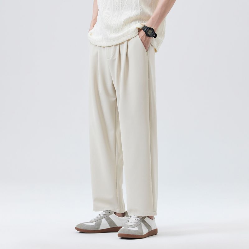 Mingge | Solid Color Simple Versatile Loose Straight-Leg Cropped Trousers Men's Wide-Leg Drapey Commuter Knit Casual Pants