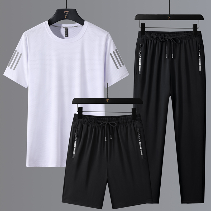 Men's Summer Ice Silk Crewneck Short-sleeved T-shirt Three-piece Set Dad Loose Quick-drying Casual Sportswear suit