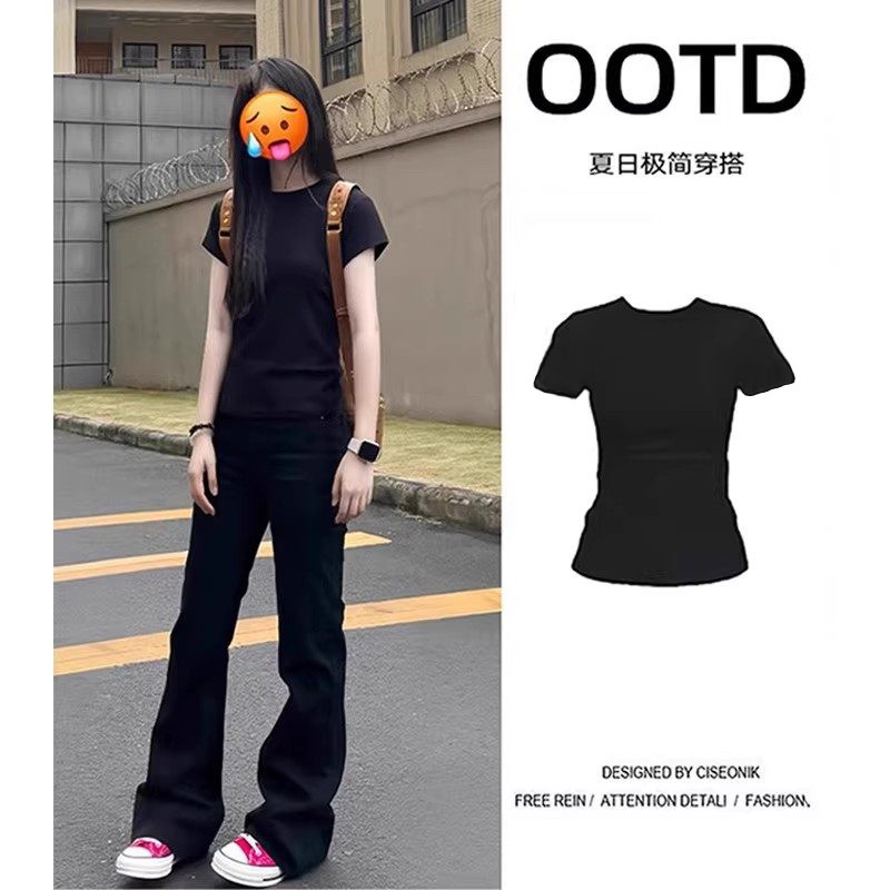 Black Short-Sleeve Women's T-Shirt, Summer Slim-Fit Top, Waist-Cinching, Slimming, 2026 New Style, Tight-Fitting, American Style, Stylish Outfit Black Short-Sleeve Women's T-Shirt, Summer Slim-Fit Top, Waist-Cinching, Slimming, 2026 New Style, Tight-Fitting, American Style, Stylish Outfit