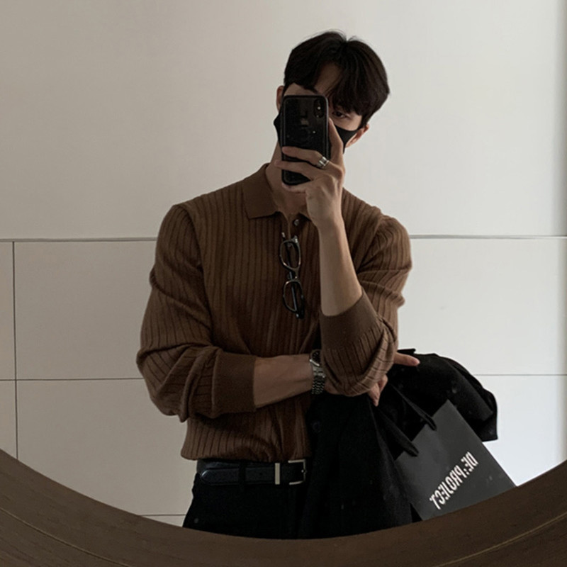 軽熟風ニットpoloシャツ男性フレンチデザイン感襟折りセーターcity boy洋服の中に長袖の服を着ます。|undefined
