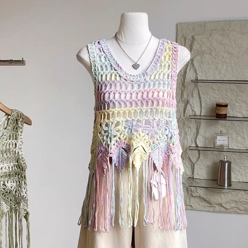 Summer New Product Tassel Woven Camisole Women's Seaside Resort Style Hollow Outer Wear Blouse Seaside Vacation
