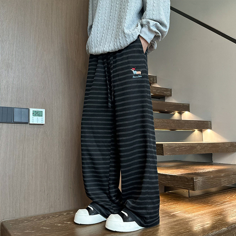 Pantalon de survêtement rayé brodé teckel pour homme, marque tendance, coupe ample et décontractée, pantalon de sport résistant et confortable_voghion.com