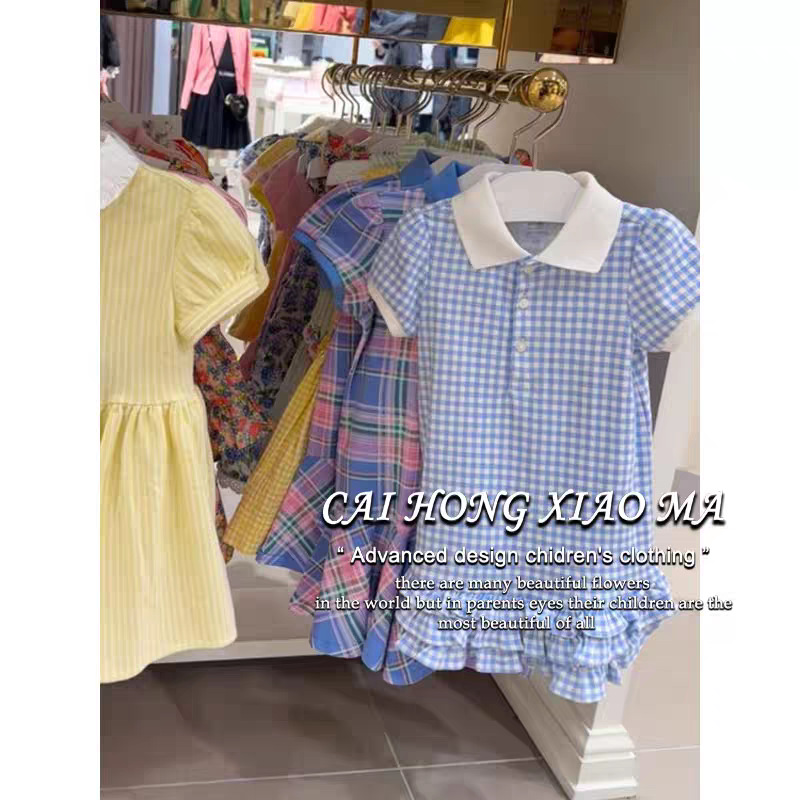 Xianning siete ropa para niños vestido de niña 25 verano nuevo estilo niña estilo extranjero vestido de encaje a cuadros con cuello Polo