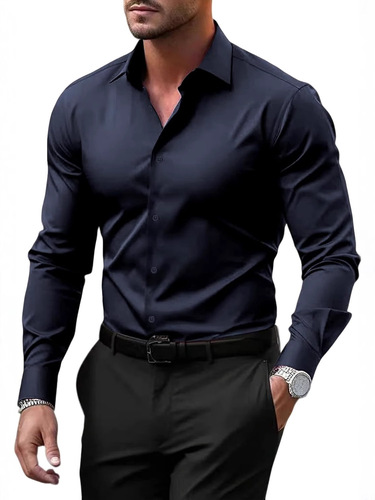 Long-sleeved pure color button-down business shirt for men, large size, wrinkle-resistant, casual wear, elastic
