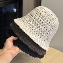 简约针织渔夫帽女秋冬季显脸小韩版街头百搭网眼镂空毛线水桶盆帽