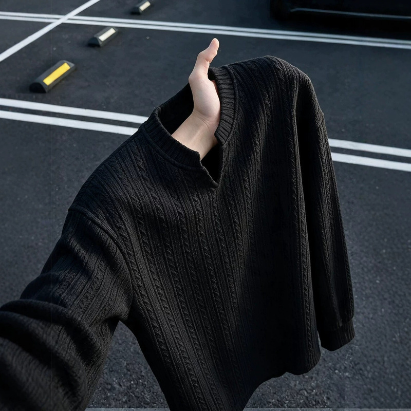 Men's black V-neck long-sleeve T-shirt, autumn collection, featuring a textured, hollow-out design, perfect as a base layer or inner wear