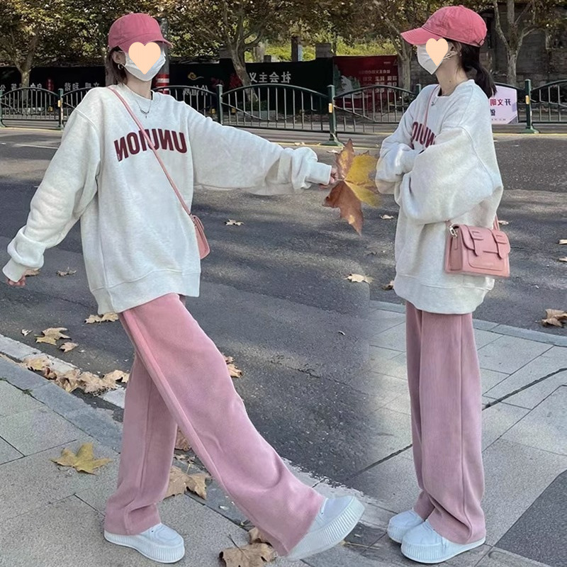 봄, 가을용 임산부복, 느슨하고 캐주얼한 임산부 스웨트셔츠 상의 + 배를 받쳐주는 와이드 레그 팬츠, 산전 검진 외출용 투피스 슈트