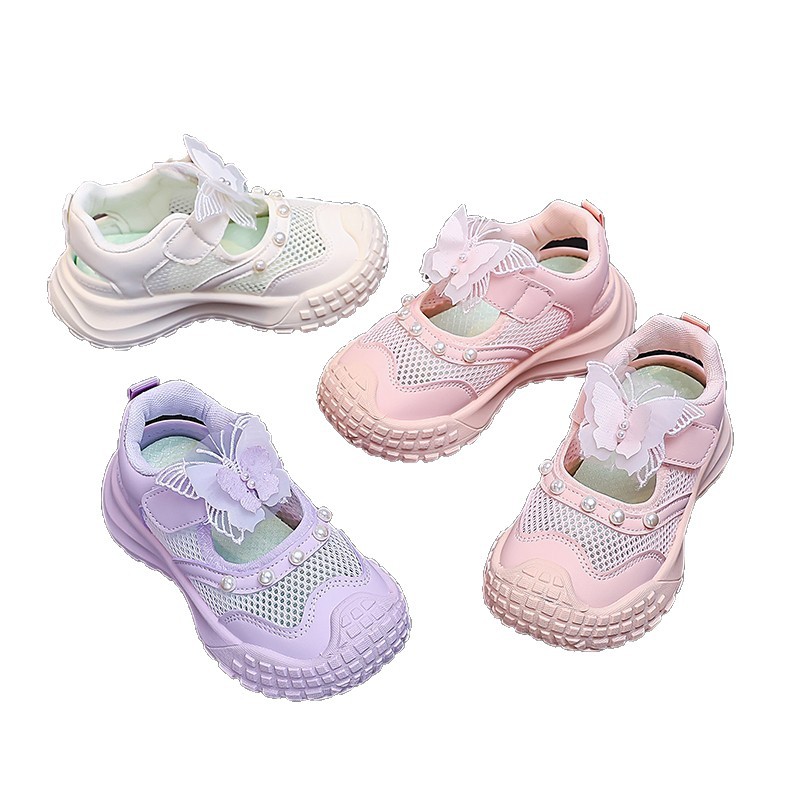 Niñas sandalias deportivas agujeradas 2026 verano nuevos zapatos casuales transpirables de malla para niños zapatos de mariposa perla princesa image 6