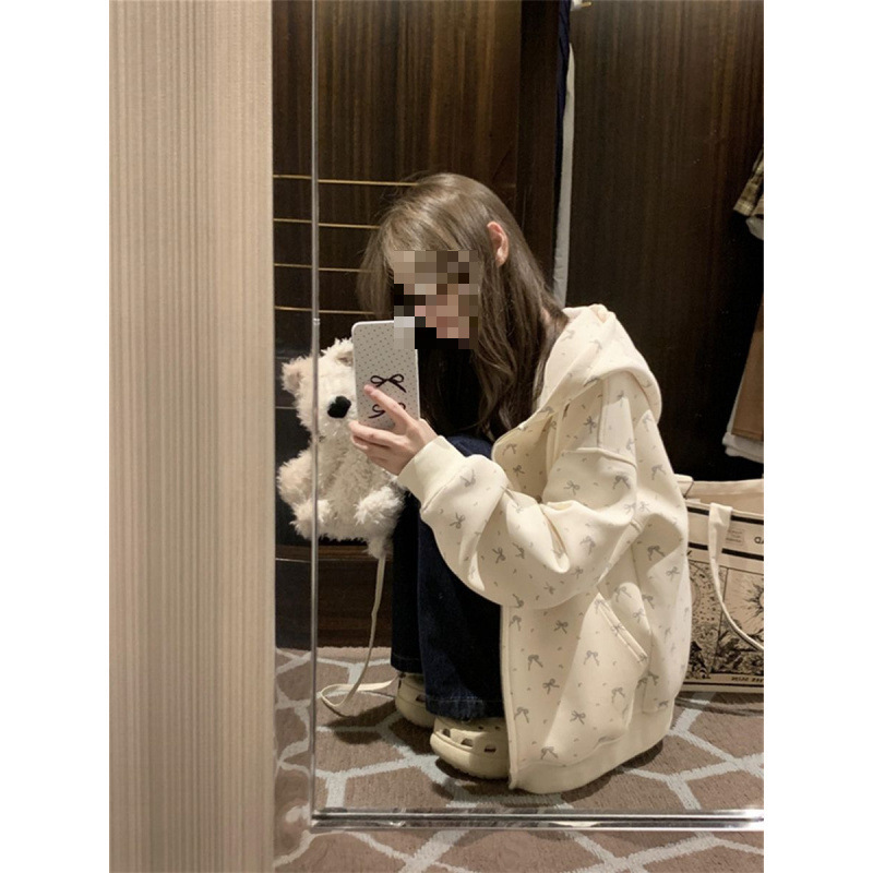 奶fufu学生连帽碎花卫衣外套女2025秋开衫拉链宽松休闲学院风薄款