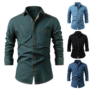 Cross-border American Style Denim Shirt Men's Pure Cotton Non-ironing Solid Color Long-sleeved Men's Casual Jacket Trendy Men's Wear