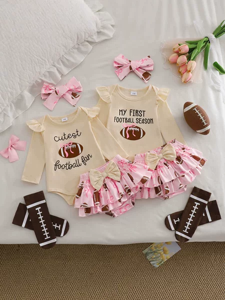European and American Autumn New Fashion Sports Letter Rugby Print Romper + Skirt + Headband + Sock Set Four-Piece Set
