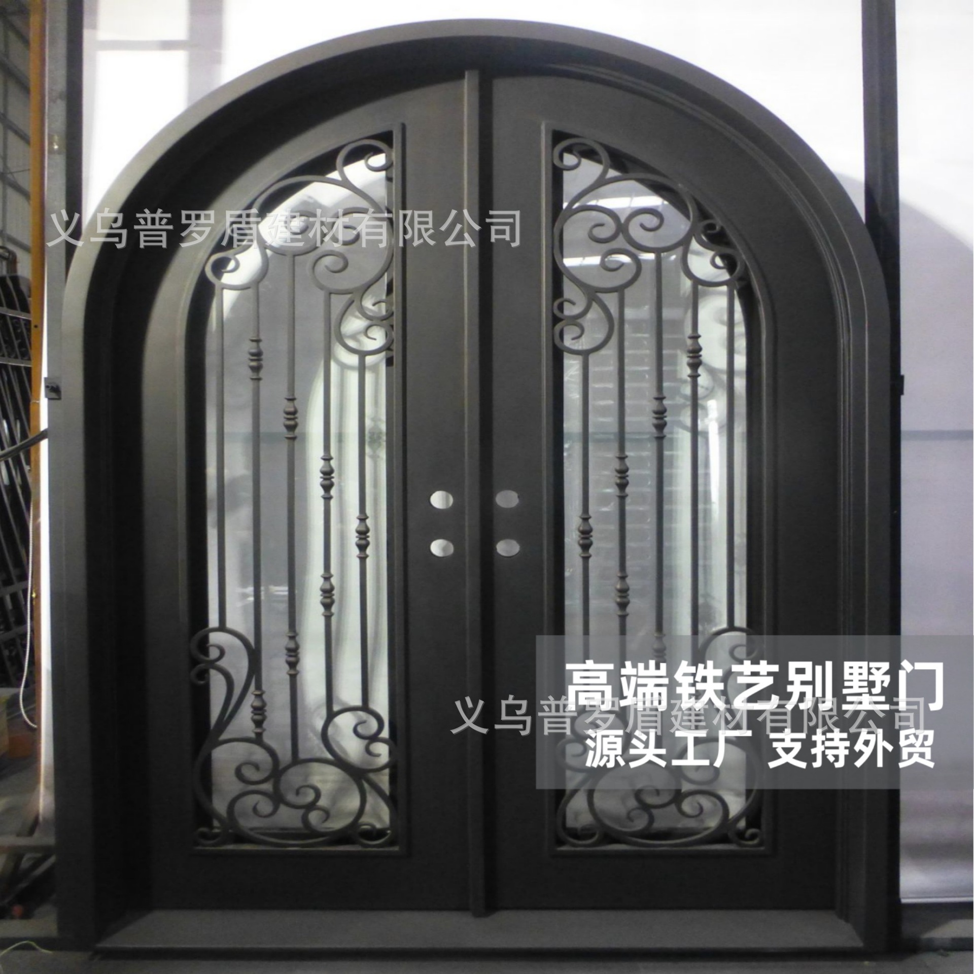 欧式复古拱形铁艺门玻璃双开别墅入户大门纯手工锻打花枝来图-阿里巴巴