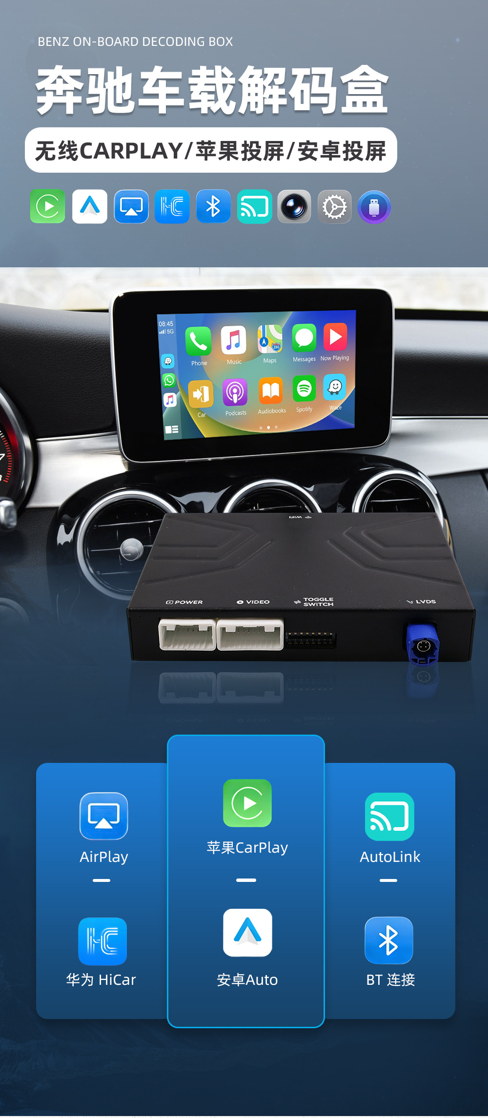 Mercedes-Benz Car Decoding Box Wireless Carplay Android Auto Airplay Screen Projection Supports USB Playback