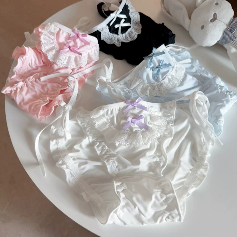 Lolita maid underwear set, women's ice-silk & lace, nylon with cotton crotch, one size