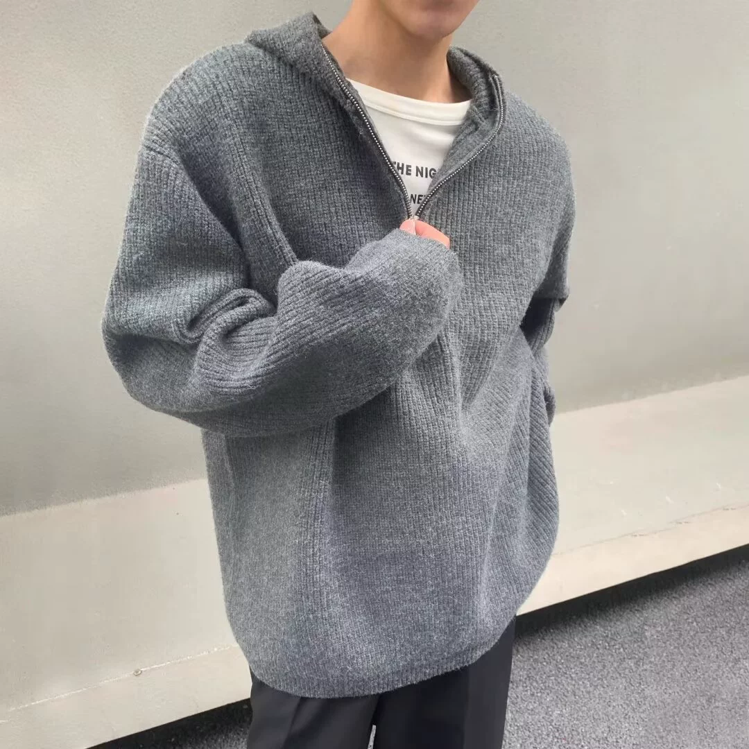 Design demi-season sweater with zipper with hood, knitted cardigan, jacket, trend of season, with a zipper, loose fit
