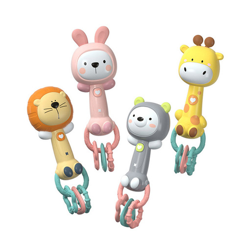 Baby soft rubber rattle cartoon teether rhythm stick hand grab soothing bb stick children's light and music toy castanet