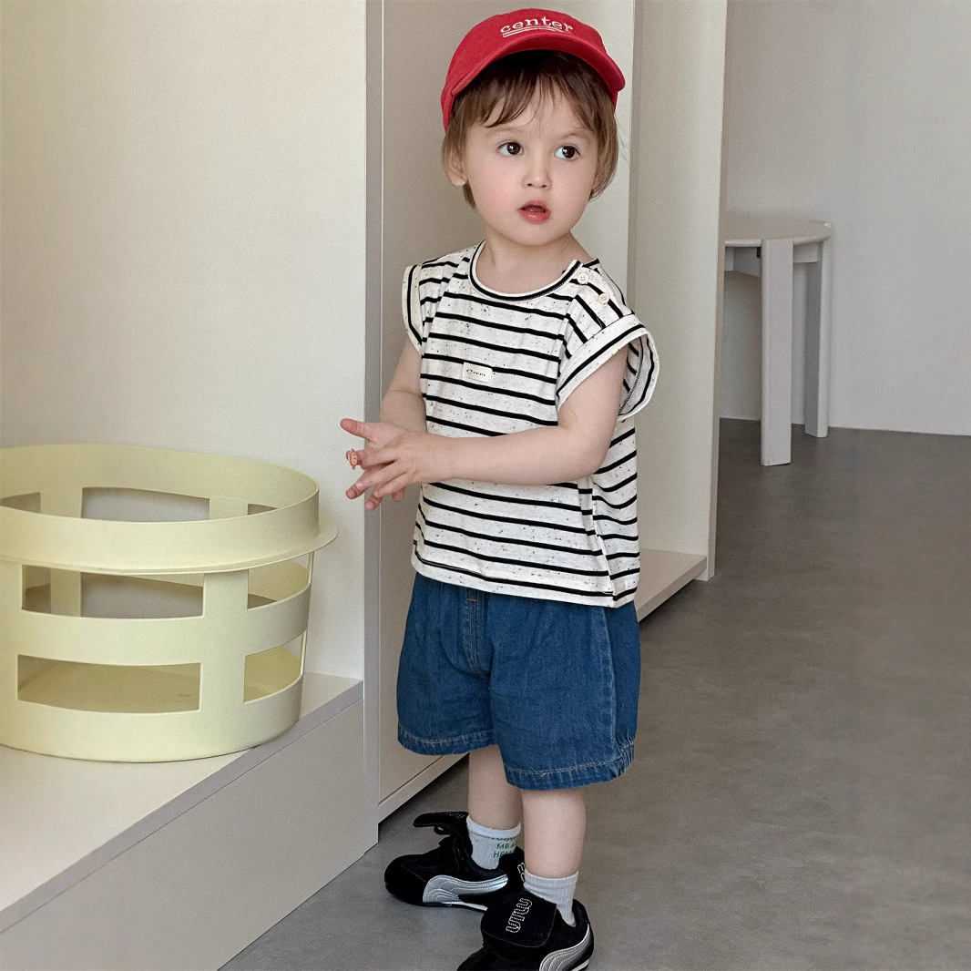 Boys' Striped T-Shirt and Denim Shorts Set, Summer Thin Style, Korean Style Children's Clothing, Baby Summer Outfit 2026, Children's Summer Style