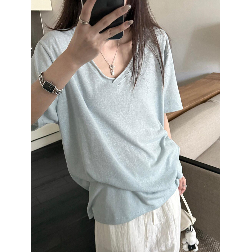 200g Lazy Cotton 65% Cotton 35% Polyester】Relaxed V-Neck Short-Sleeve T-Shirt for Women, Summer Thin Style, Loose and Lazy Style Top