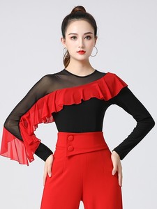 Black with red ruffles Ballroom Latin dance salsa rumba dance tops for women girls dance blouses jitterbug white gauze dancing suit elegant wave sleeve