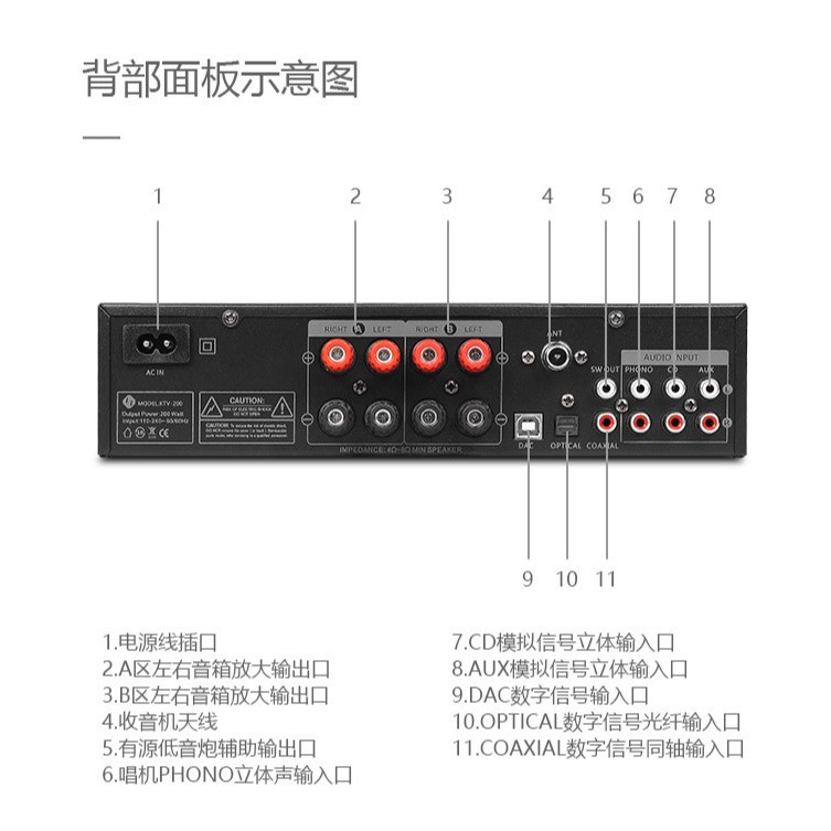 Amplificador de Potencia de 4 Canales KTV-200 Digital Bluetooth de Aleación de Aluminio con Control Remoto para Hogar