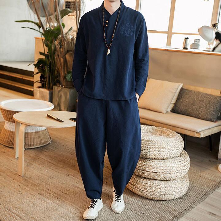 中国風紳士服仏教中国風リネンアウタースーツ若者唐スーツレトロスタイル漢服道教中山服 Yitai|undefined