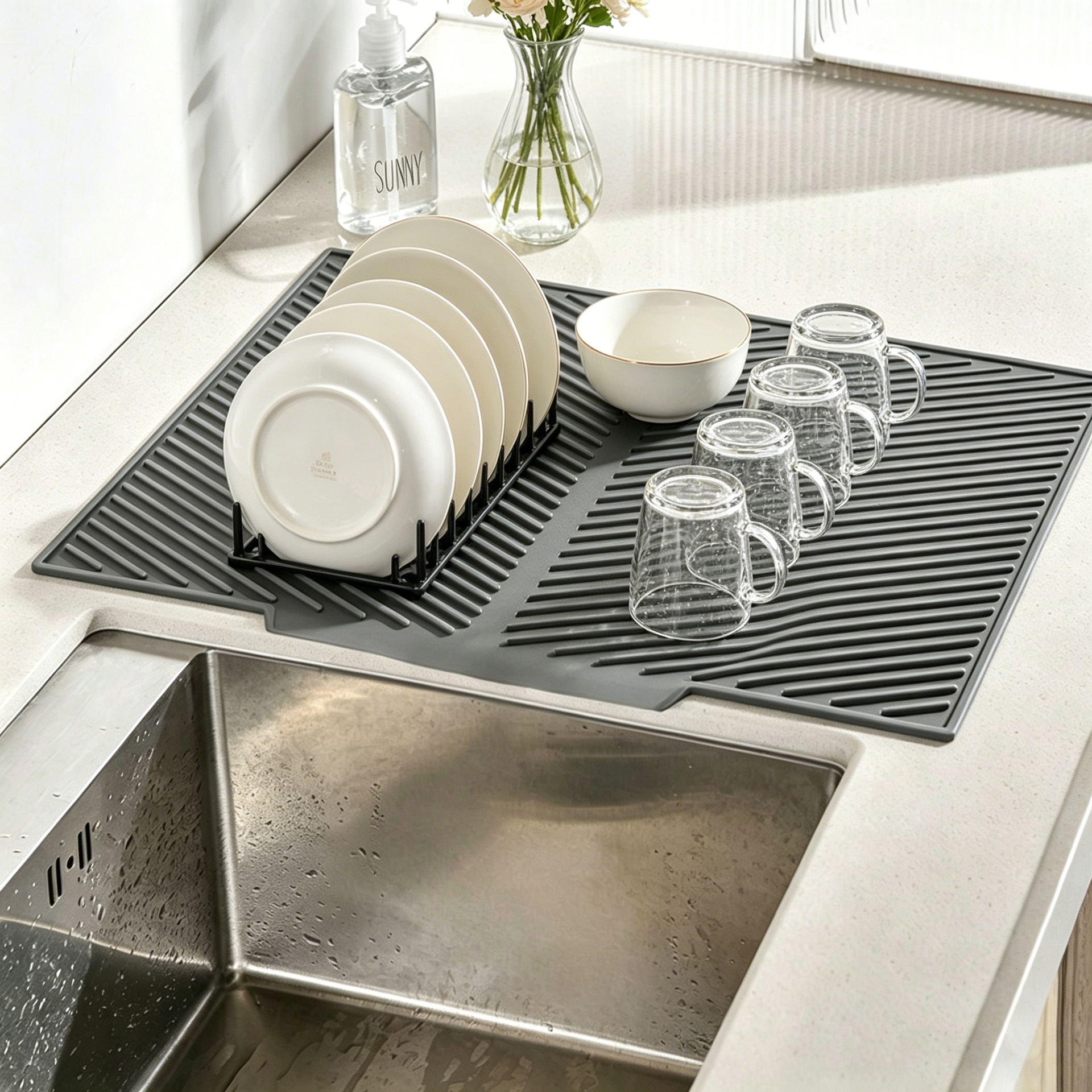 Silicone Horizontal Diagonal Pattern Draining Mat for Kitchen Utensils, Household Dining Table Heat Insulation Pot Mat, Placemat, Coffee Bar Water Filter Mat