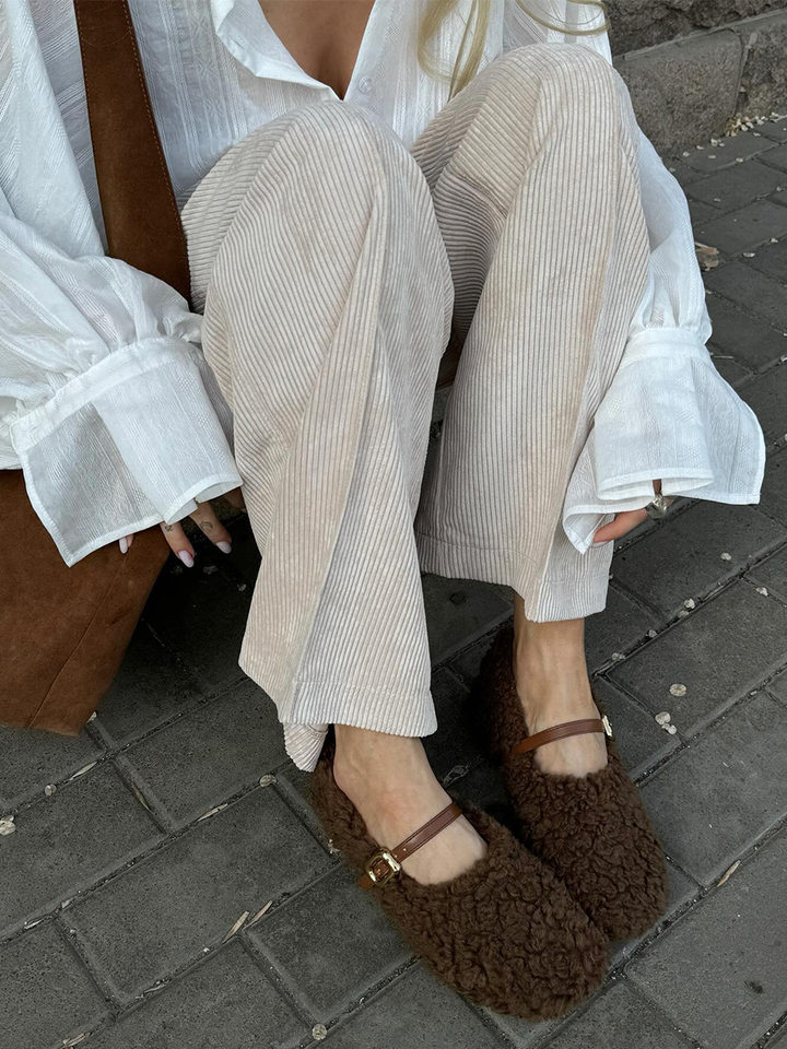 Quần ống rộng nữ cotton nhung kẻ sọc dáng suông lưng giữa phong cách retro — kaki nhạt, mơ chi tiết 26