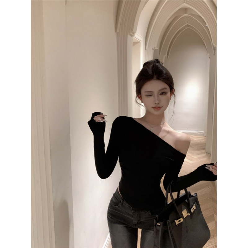 昕可达 斜肩抽褶露肩T恤女夏季内搭打底衫修身显瘦长袖针织上衣|undefined