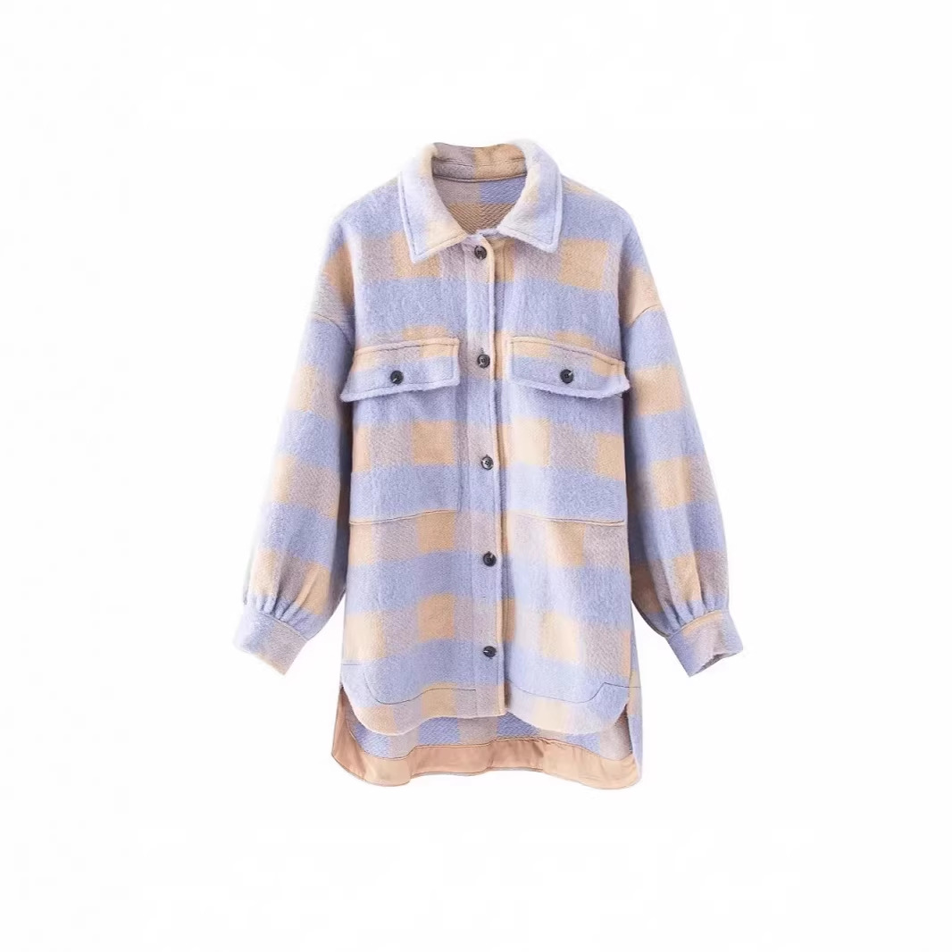 Winter And Autumn Fashion Casual Pocket-Decorated Grid Loose-Shirt Oversized Coat Wholesale_ecoleips.com