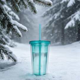安全健康无异味双层透明吸管杯奶茶杯食品级材质家用办公杯可复用