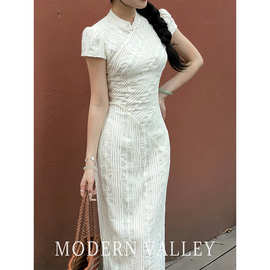 白色新中式国风改良旗袍连衣裙女夏季长裙复古设计感高端礼服裙子