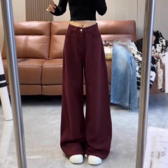 安可拉红阔腿牛仔裤女高腰宽松休闲裤显瘦垂感酒红色拖地裤子百搭