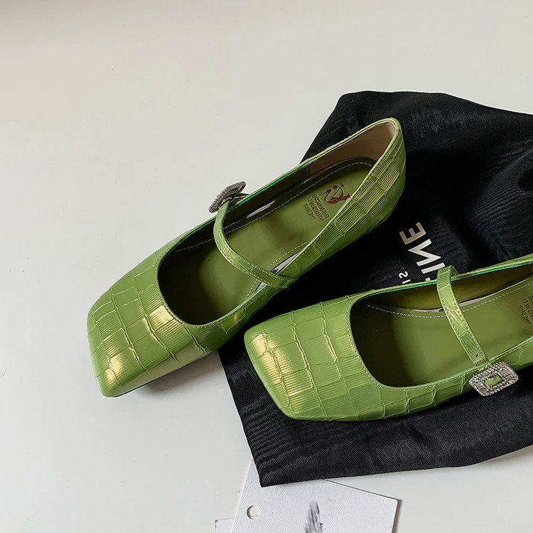 First layer cowhide Mary Jane shoes for women's inner height-enhancing single shoes new retro square head one-shaped buckle flat heel shallow mouth single shoes
