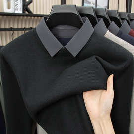 冬季加绒加假两件毛衣中年男士针织套头翻领打底衫保暖上衣批发