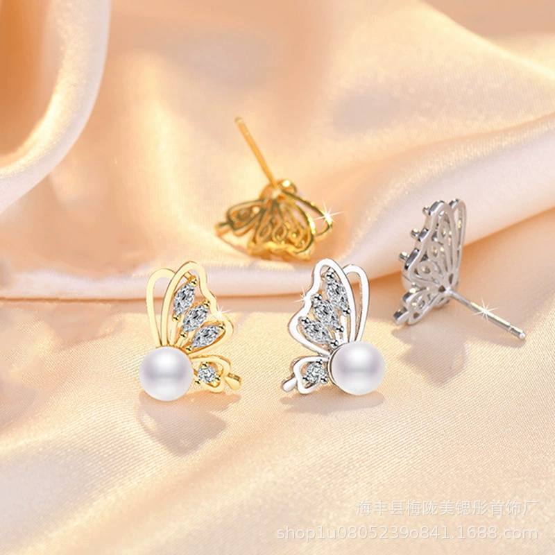 Earrings from pearl, zirconium, silver needle, Korean style, light luxury style, high-quality style, silver 925 sample, internet celebrity