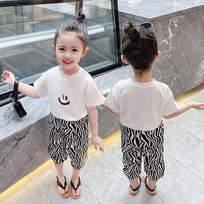 女童短袖笑脸休闲套装2023夏季新款儿童韩版时尚小女孩洋气两件套