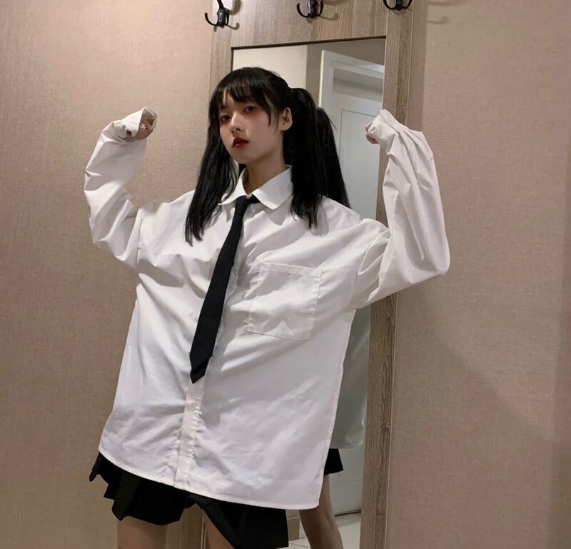 Spring and Autumn 2022 New Thin Tie White Shirt Japanese Style Women's Harajuku Style Jk Retro Cool Handsome Long Sleeve Top Spring and Autumn 2022 New Thin Tie White Shirt Japanese Style Women's Harajuku Style Jk Retro Cool Handsome Long Sleeve Top